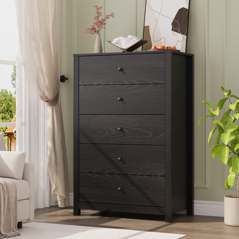 Modern 5 Drawer Wood Dresser with Deep Drawers, Storage Chest for Bedroom, Black