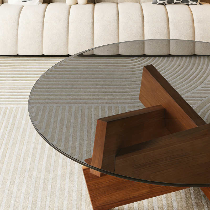 Table basse moderne pour le salon moderne, centre de 27,5 po x 27,5 po x 12,2 po avec plateau en verre trempé et bois