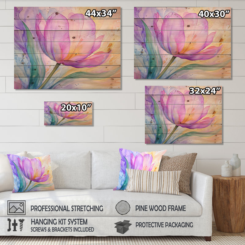 Fleur d'été de tulipe mauve IV - Art mural traditionnel sur bois de pin naturel, H 24 po x l 32 po x P 0,78 po