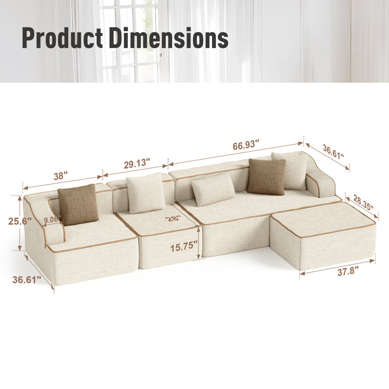 5 Seat Sectional Sofa, 340cm Wide Modern Soft Sofa Couch , No Assembly Rquired, For Living Room Office Apartment, Beige