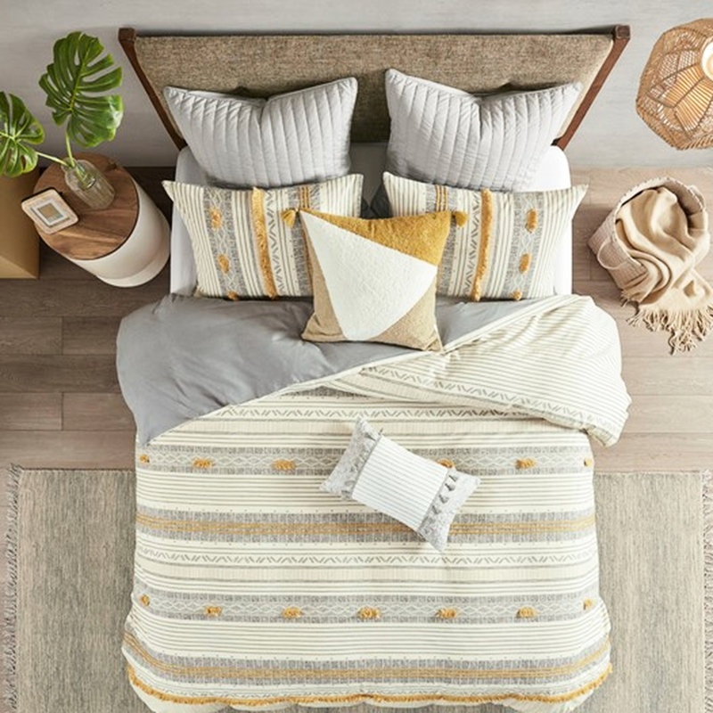 Housse de couette en coton pour lit très grand / très grand avec motif à rayures grises / jaunes doux au toucher