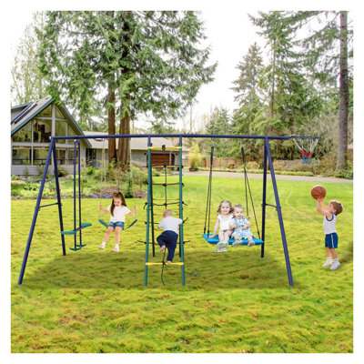 6-in-1 Steel Swing Set with Climbing Ladder, Net, Glider, and A-Frame Structure