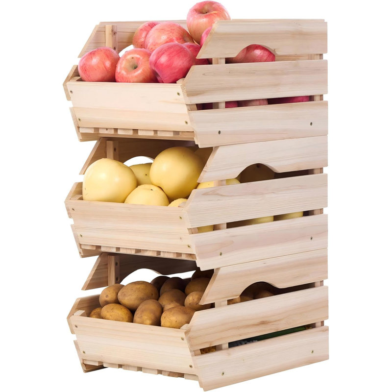 Ensemble de 3 bacs de rangement en bois pour pommes de terre et oignons