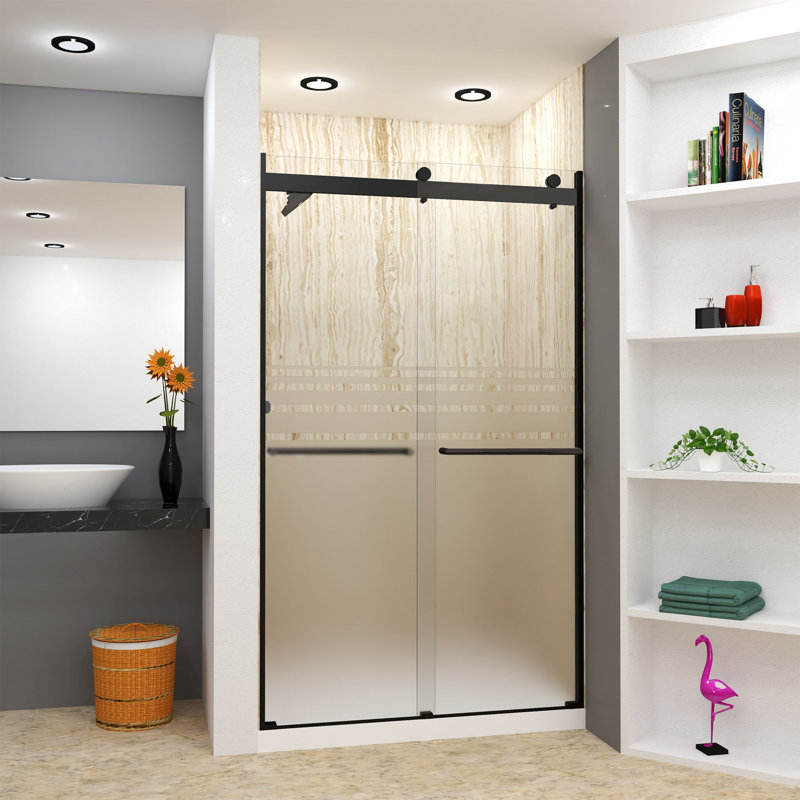 Porte de douche coulissante sans cadre Transoli Brianna, l 48 po x H 80 po, verre trempé givré 5/16 po, Noir mat