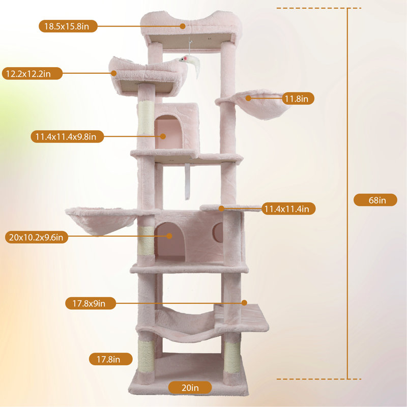 Arbre à chat à niveaux multiples de 68 pouces rose pour les communautés avec 6 plateformes d'escalade et de saut, coussins confortables et hygiéniques amovibles, poteaux à griffer, hamacs en pouces, grand, rose, niveau, arbre, jeu