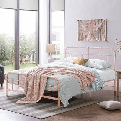 Base de lit grand format en métal avec tête et pied de lit arrondis, lit plateforme rose pour la chambre à coucher