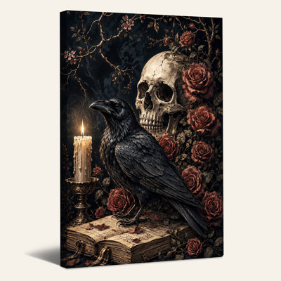 Art mural sur toile Halloween corbeau foncé et crâne avec des roses rouges