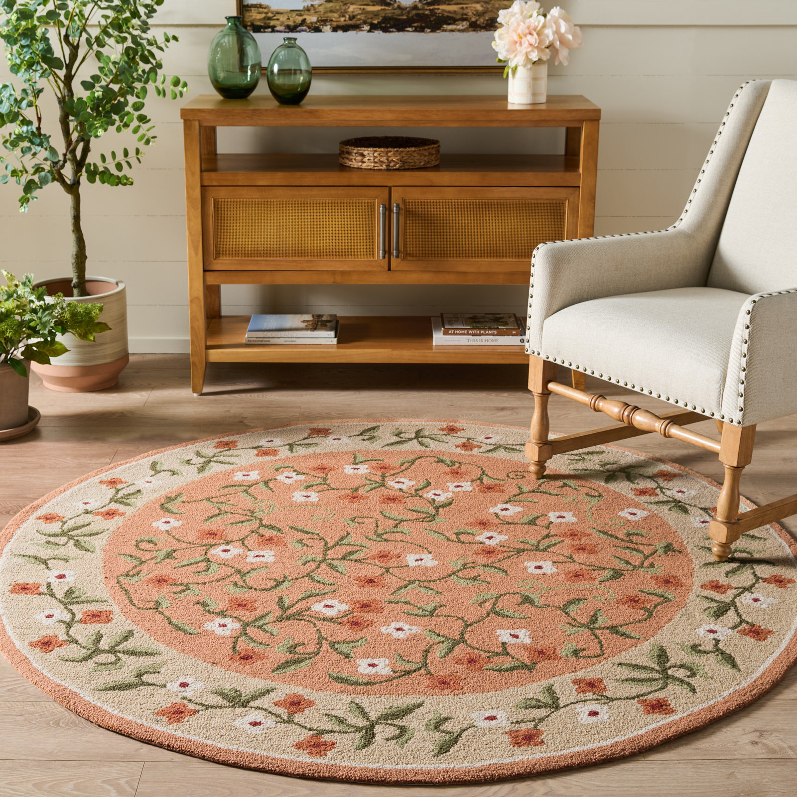Hand-Tufted Wool Floral Outdoor Rug, Round 6'