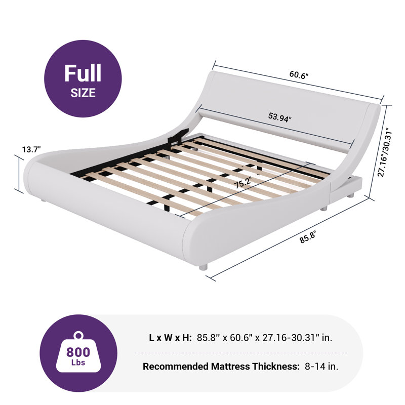 Low Profile Sleigh Bed With Adjustable Headboard, Full, White