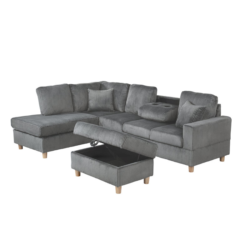 3Pc Velvet Corduroy Reversible Sectional With Chaise, Drop Down Table, And Storage Ottoman, Dark Gray Velvet