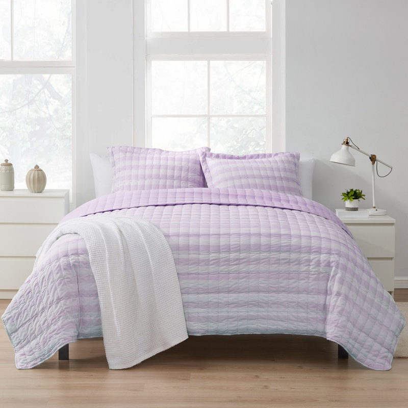 Ensemble de courtepointe surdimensionnée à carreaux brodés, Mauve, Courtepointe très grand et 2 très grandes taies 