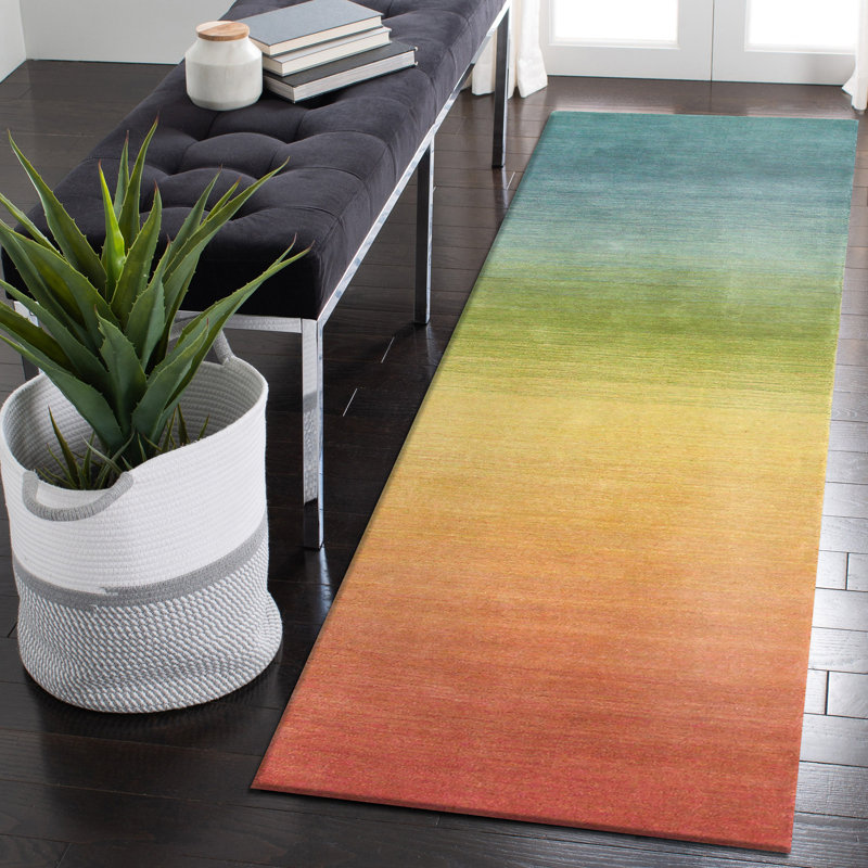 Tapis jaune / vert / bleu en laine tissé à plat à la main Wilfredo, Tapis de couloir 2 pi x 7 pi 6 po