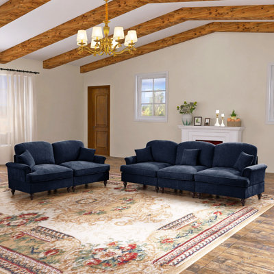Praylow 107.1"W Chenille 3 seater sofa with 2 Ottomans and Removable Ruffles Pleats Skirts and Spindle Legs by Latitude Run