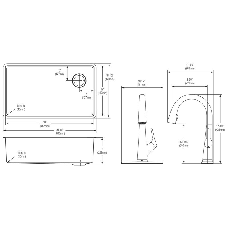 32" L x 19" W Undermount Kitchen Sink with Faucet