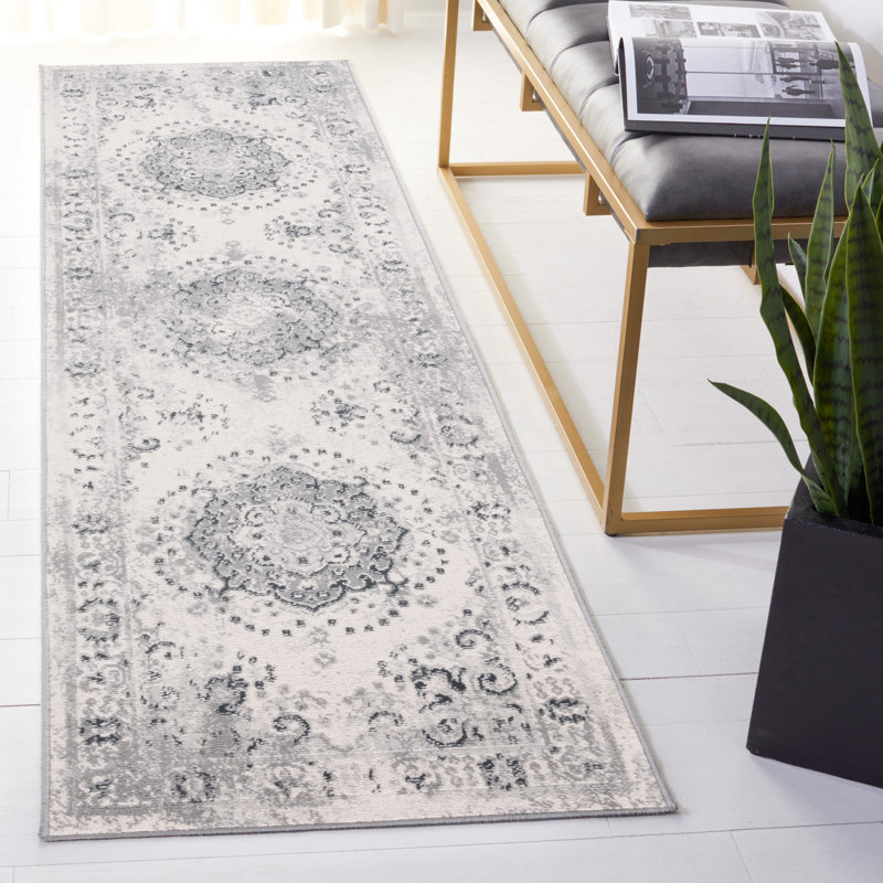 Tapis gris / ivoire en polyester tissé à la machine Haval, Tapis de couloir 2 pi 2 po x 8 pi