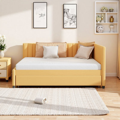 Modern Linen Upholstered Full Size Daybed with Twin Trundle | Sunflower Yellow, No Box Spring Needed