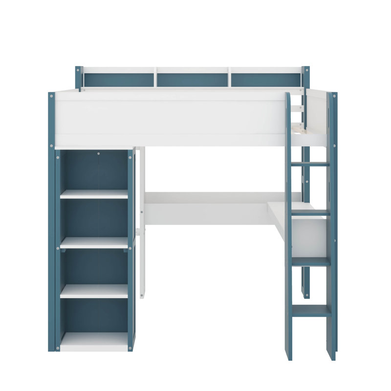 Full Size Wood Loft Bed With Shelves, Clothes Rails And Desk, White/Blue