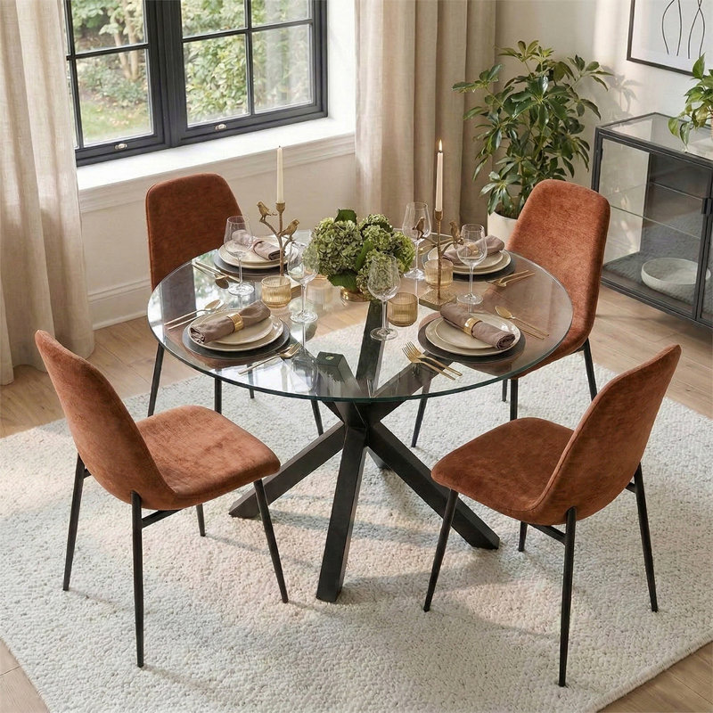 4 - Person Dining Table Sets With Glass Round Table & 4 Upholstered Chenille Chairs, Terra