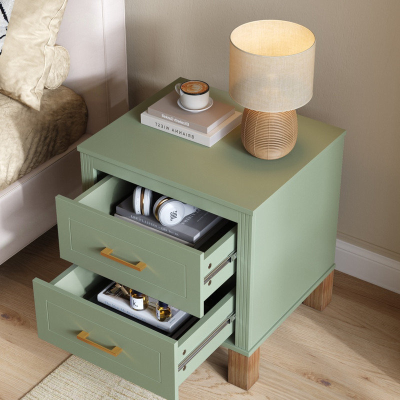 Table de chevet à 2 tiroirs, table de chevet élégante en bois cannelé avec poignées en métal et pieds en bois massif, grande table de bout avec rangement pour la chambre à coucher et le salon