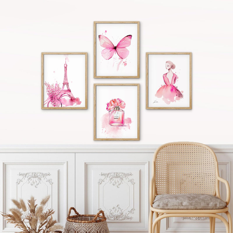 «France Eiffel Tower Butterfly Ballerina Perfume», impression encadrée sur papier 4 pièces, Naturel, H 14 po x l 11 po