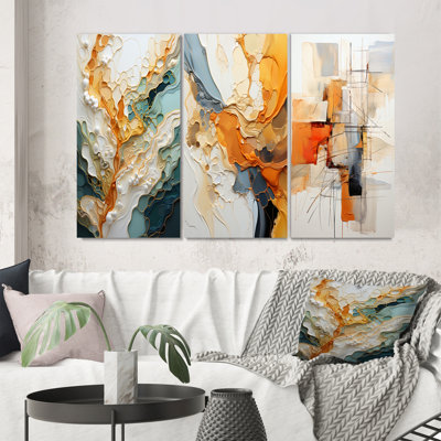 Orange White Line Art Abstraction on Canvas