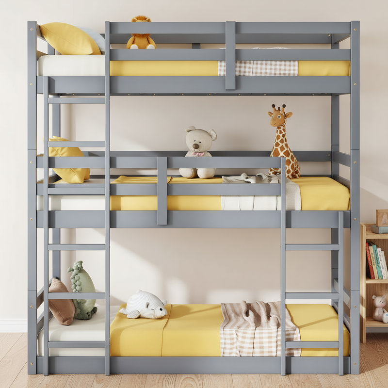 Twin Over Twin Over Twin Triple Bunk Bed, Rubber Wood Frame With 2 Built-in Ladders & Guardrails, Detachable Design, Gray