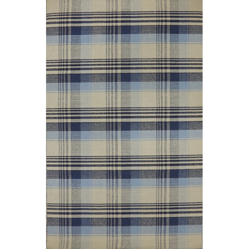 Tapis beige / bleu en laine / coton tissé à la main Pickering, Rectangle 2 pi x 4 pi
