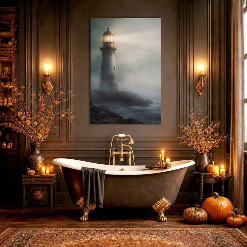 Art mural illuminé illuminé, phare sur la côte rocheuse, H 24 po x l 18 po