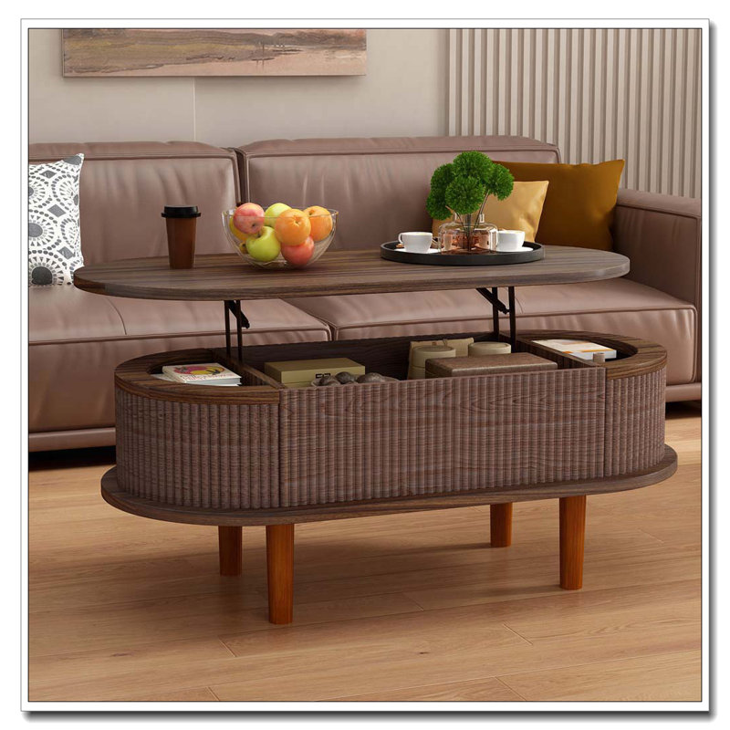 Table basse moderne à plateau relevable ovale avec compartiment caché, Noyer