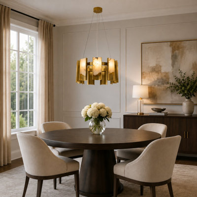 9-Light Satin Brass Aluminum LED Chandelier With White Alabaster Accents
