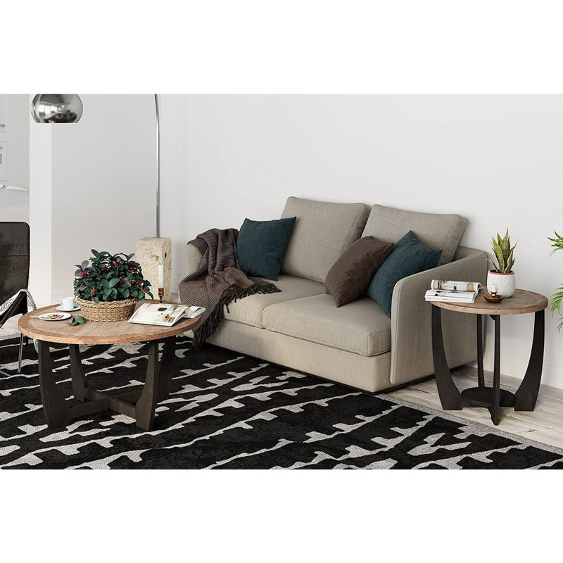 Rustic Round Coffee Table with Distressed Wood Finish and Crisscross Base