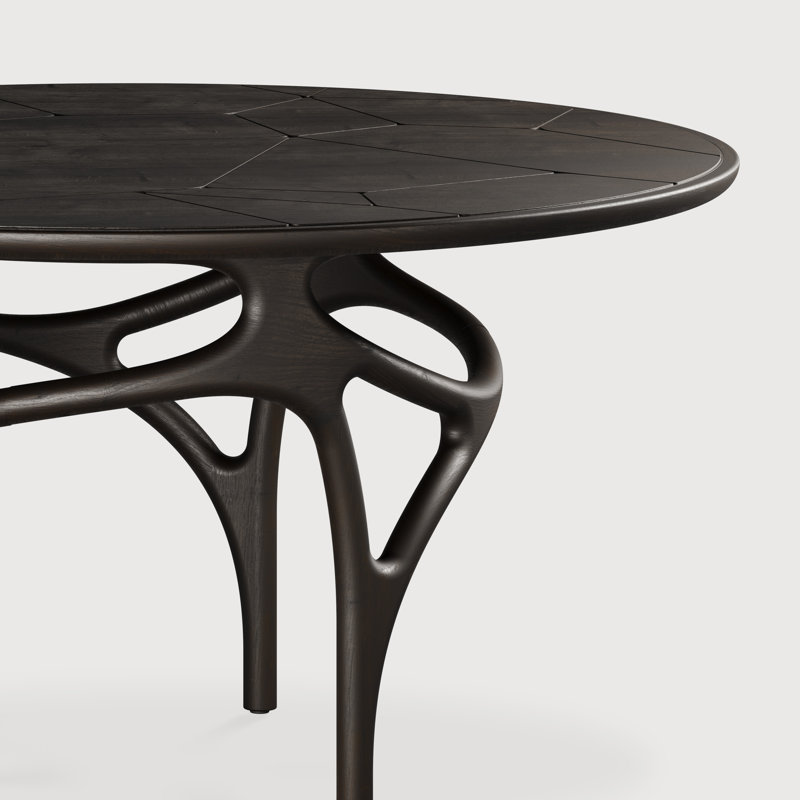 Cena dining table - varnished teak - dark brown - engraved beige quartzite top - round, White/Brown