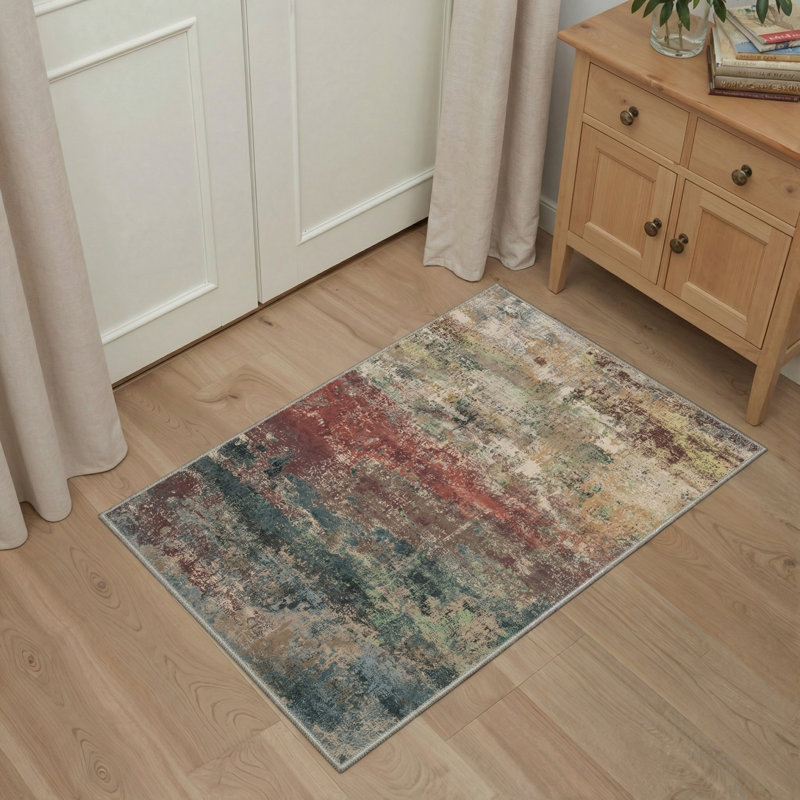 Tapis intérieur Comel Caelum à motif abstrait lavable à la machine rouge / vert / jaune / beige / bleu, Rectangle 6 pi x 9 pi