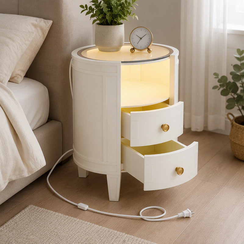 Table de chevet 2 tiroirs avec lumière DEL, table d'appoint moderne avec plateau en verre