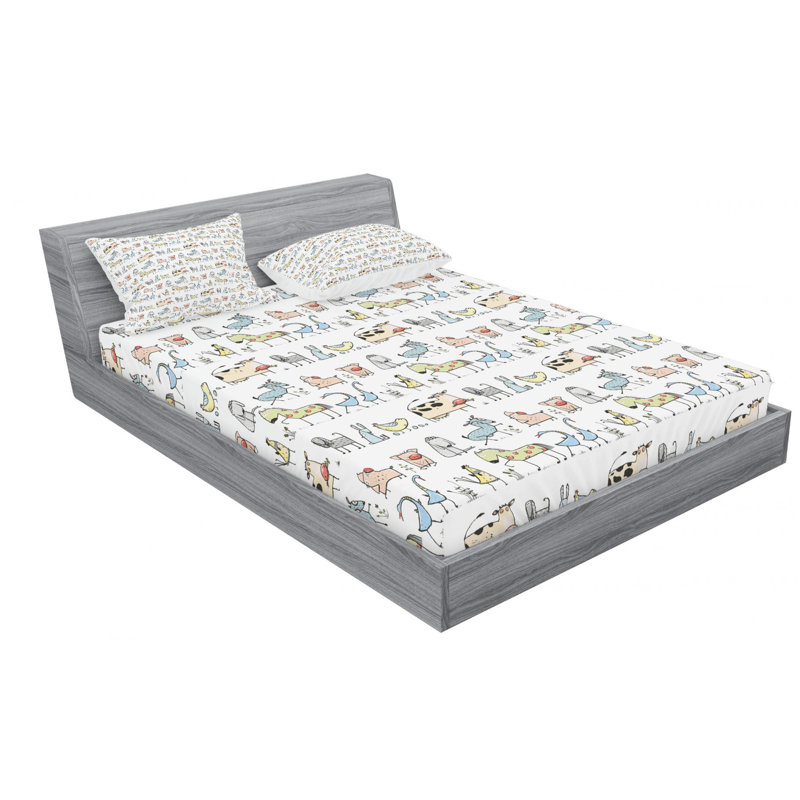 Ambesonne Fitted Sheet & Sham Set, Full Sheet Set with 2 Pillowcases, White/Blue/Green Animals 1