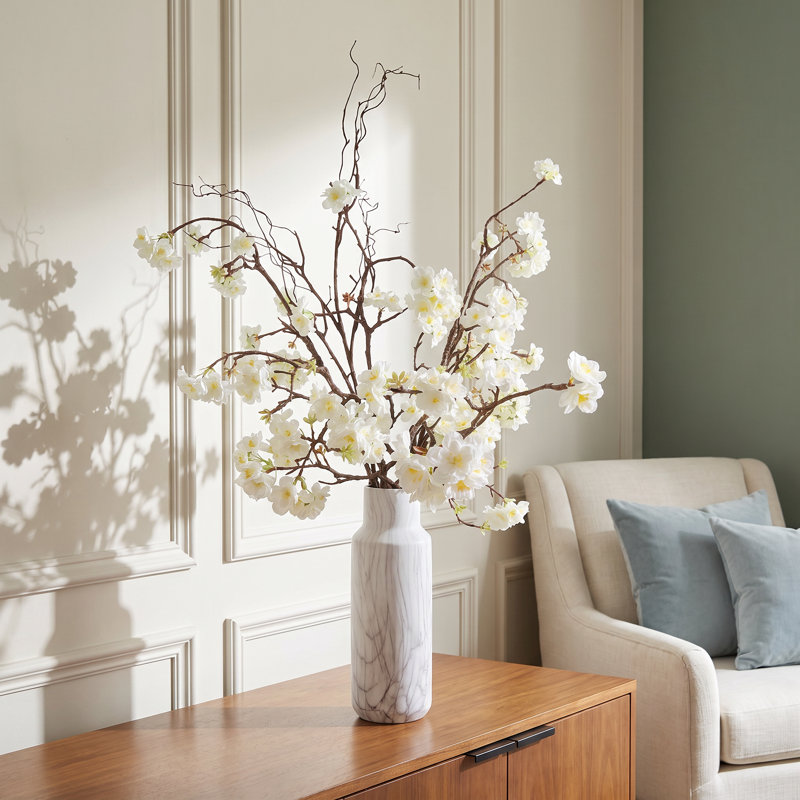 Cherry Blossom and Willow Arrangement in Ceramic Vase