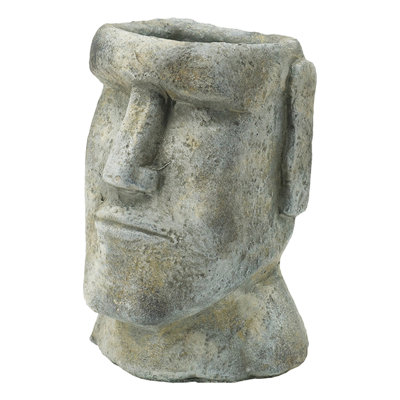 Easter Island Inspired Planter, 9 Inch, Gray Cement, Small To Medium Asters, Enchanting Decor For Home Lavender, Pleasant Accent