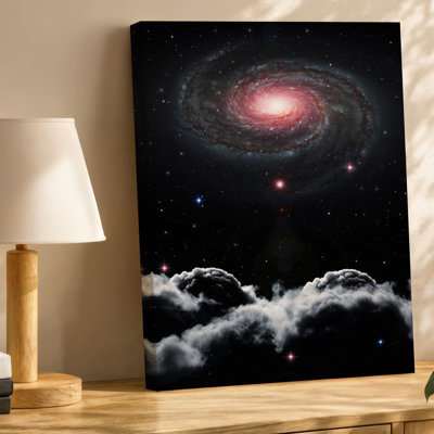 Toile, superbe galaxie en spirale contre un fond cosmique noir profond mettant en vedette des teintes vibrantes de rouge et de rose rayonnant, art mural sur toile