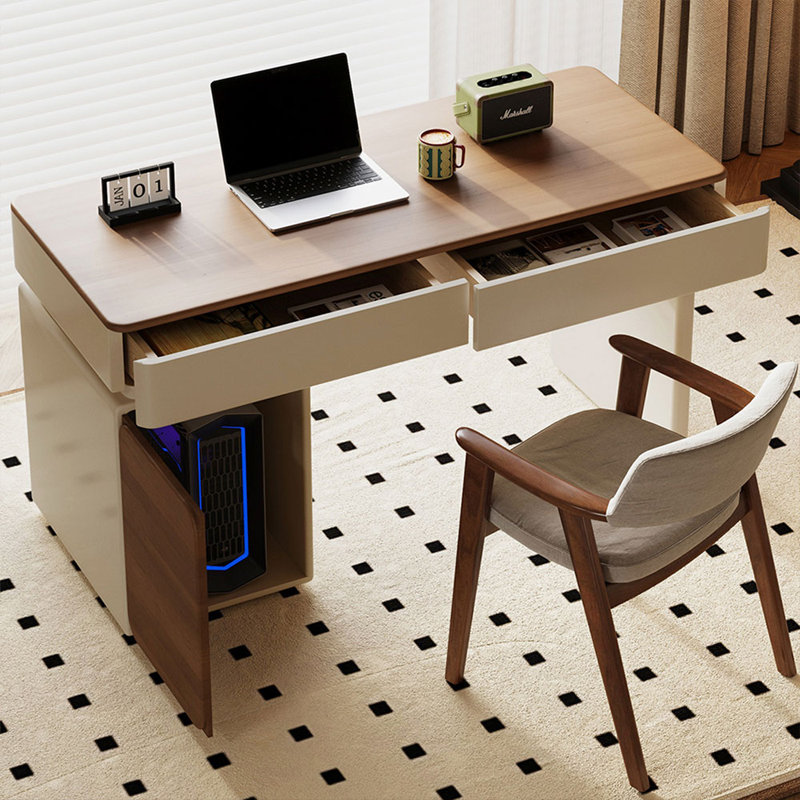 Bureau rectangulaire à 2 tiroirs en bois manufacturé brun noisette + blanc crème, H 29,53 po x l 55,12 po x P 23,62 po