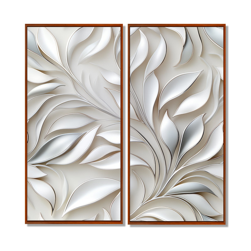 Abstrait argent et motif de fleurs blanches - Art mural sur toile blanche, H 20 po x l 24 po, Impression encadrée flottante