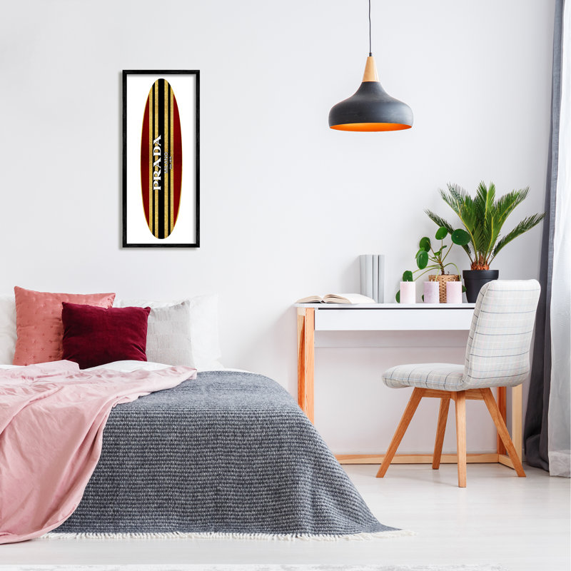 Rouge, noir, tendance, rayures, planche de surf tendance, L 13 po x H 13 po, Giclée encadrée noir minuit