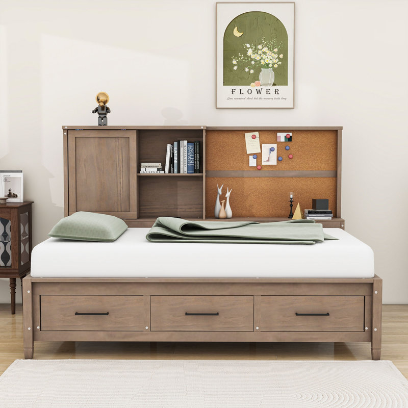 Lit de jour simple en bois avec 3 tiroirs Tafara, Bois antique