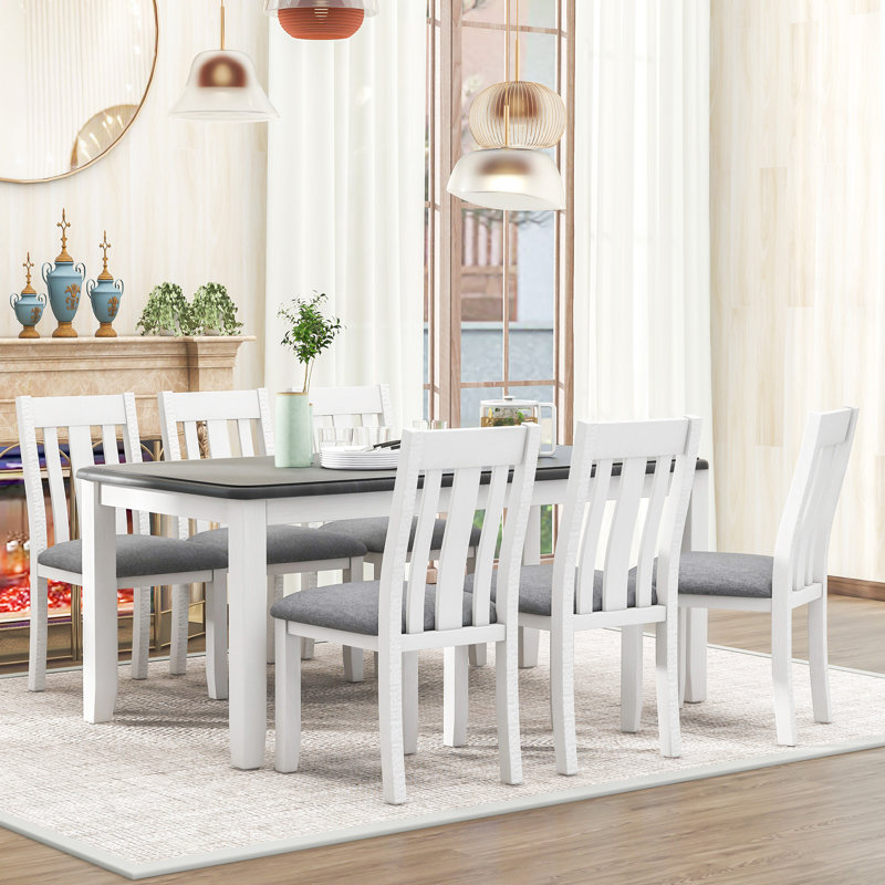 Ensemble de table de salle à manger 7 pièces de style rétro avec table extensible et 6 chaises rembourrées, Gris, Gris