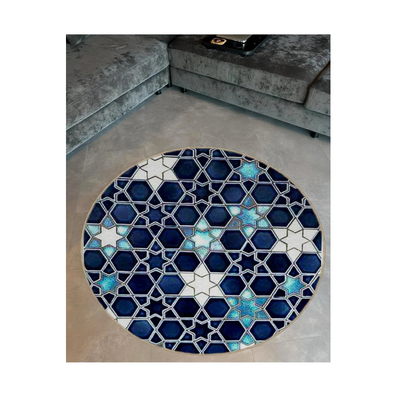 Modern Decorative Carpet With Star Details In Blue Tones, Round 3'4"