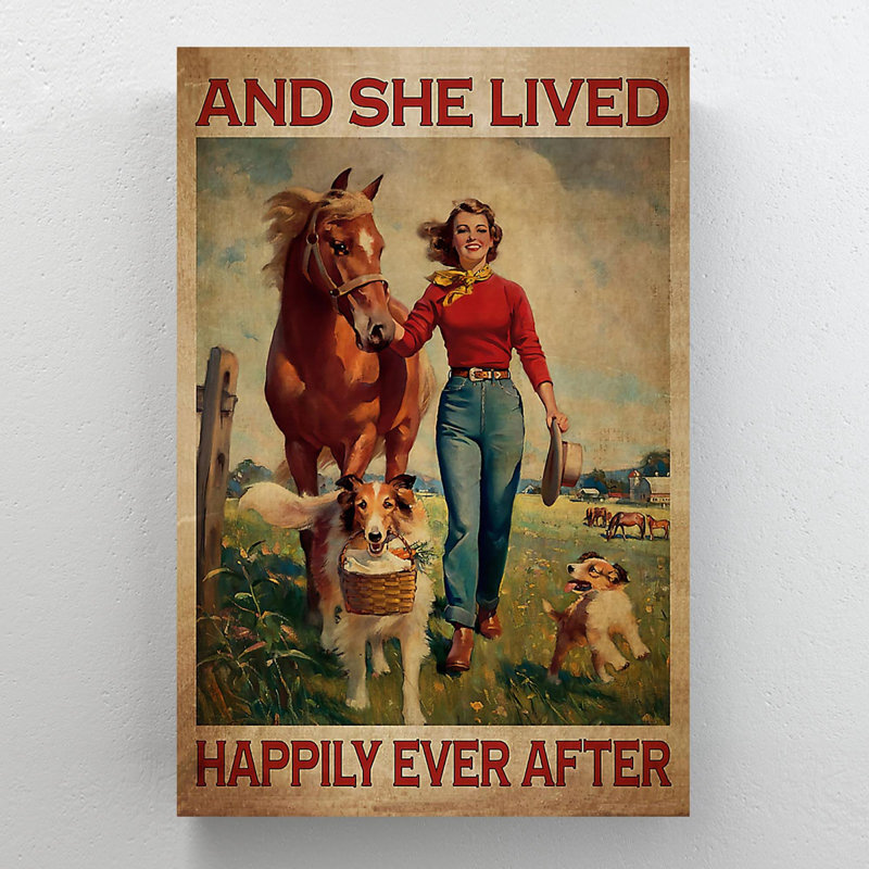 «Girl With Her Pets In The Field - And She Lived Happily Ever After», reproduction d'art graphique sur toile tendue 1 pièce