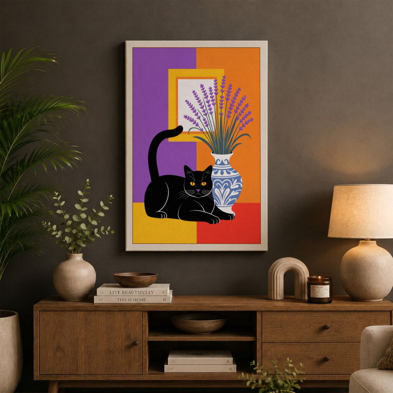 Cat Among Colours Mid-Century 1 Piece Wrapped Canvas Wall Art, 24x16 - 61.0 x 40.6 cm, Sage Border