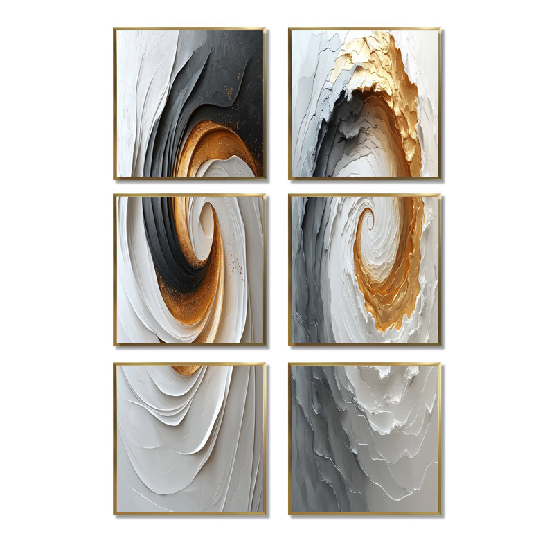Tornade blanche et dorée abstraite - ensemble de 6 reproductions d'art sur toile, Impression encadrée sans passe-partout
