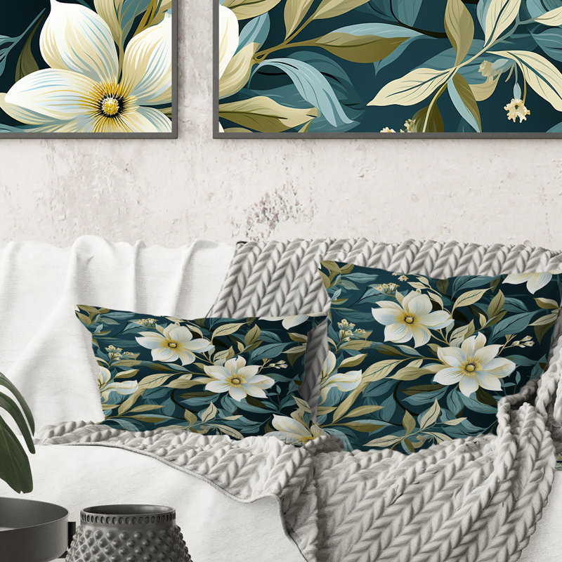 Blanc, blanc, blanc, vert, vintage, fleurs de chalet, coussin décoratif abstrait, récif de corail, azur multicolore