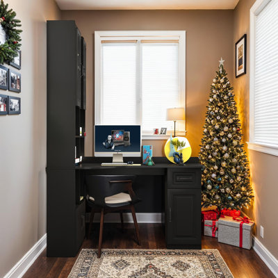2-in-1 L-Shaped Computer Desk, 55.12''L Study Desk with Bookshelf, Hutch, Cabinet