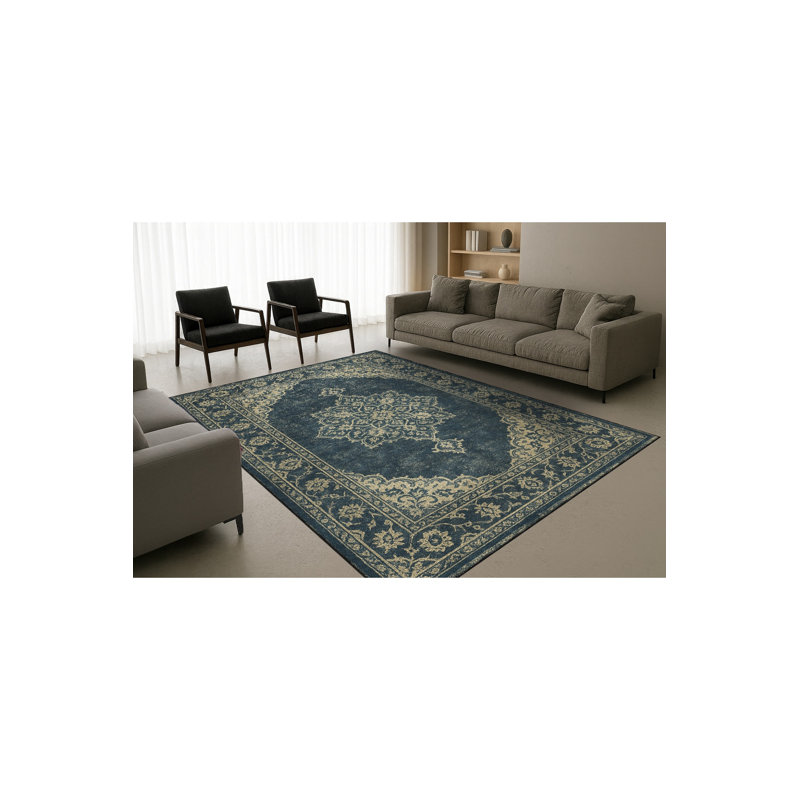 Tapis bleu tissé à envers lavable traditionnel Mosso, 2'6" x 4'11"
